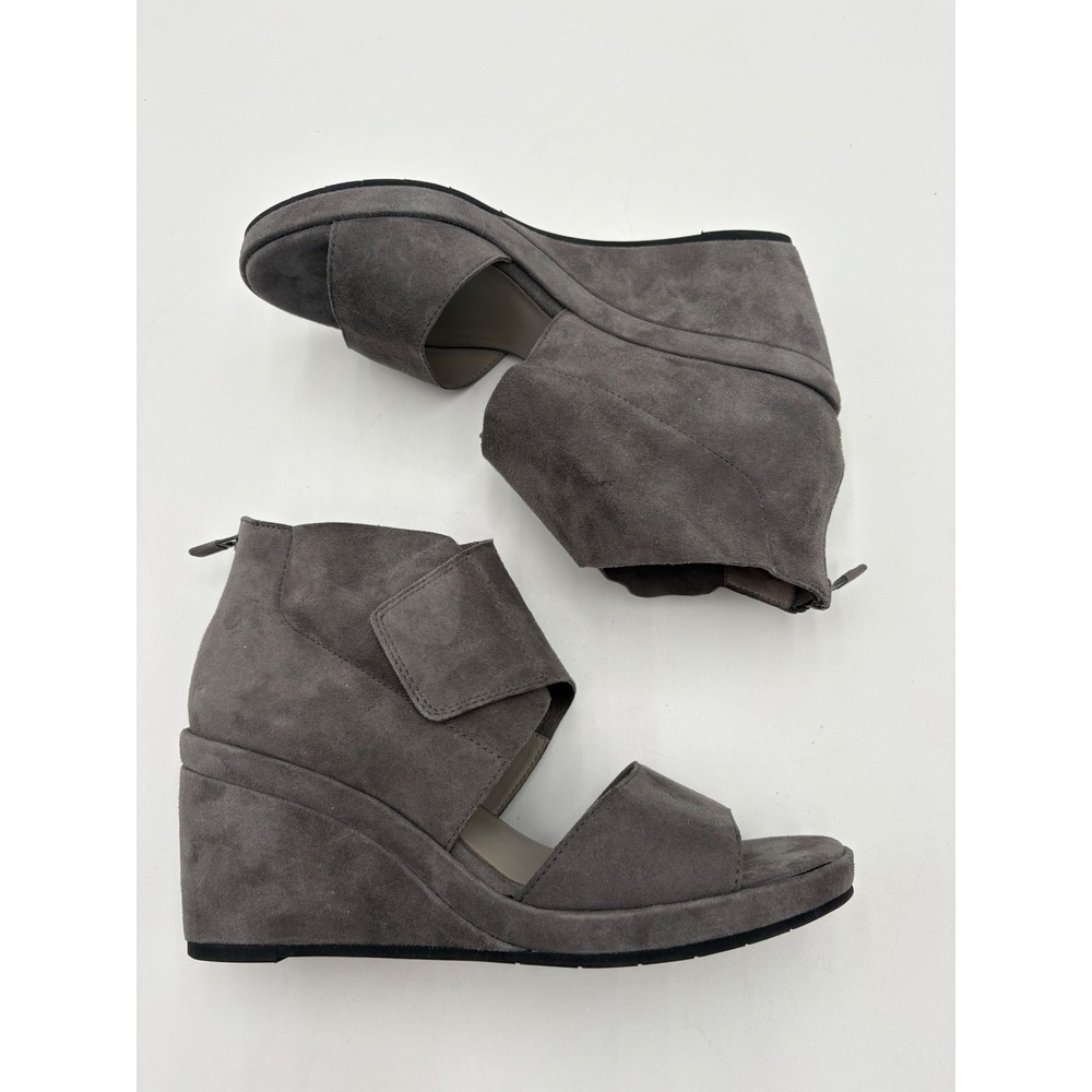 Eileen Fisher Womens Gray Suede Wedge Sandals Open Toe Back Zip Shoes Size 6 US